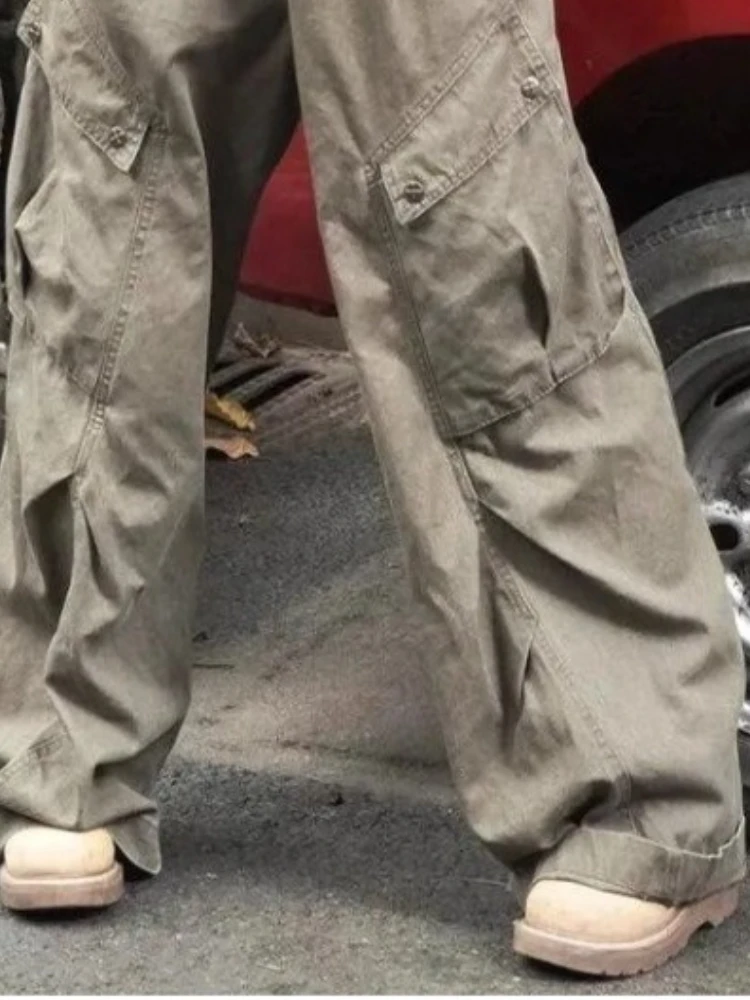 Pantaloni cargo in denim con tasca grande retrò americana donna primavera autunno pantaloni casual larghi a vita alta dritti streetwear