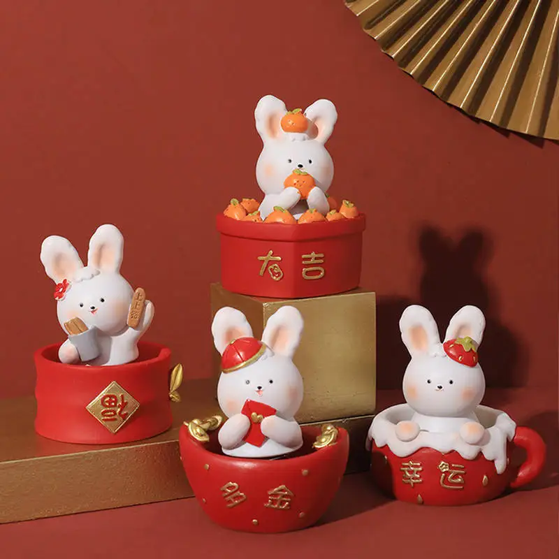 China 2023 New Year Decorations Lucky Little Cute Rabbit Ornaments Car Shaking Head Doll Resin Crafts Desktop Decoration