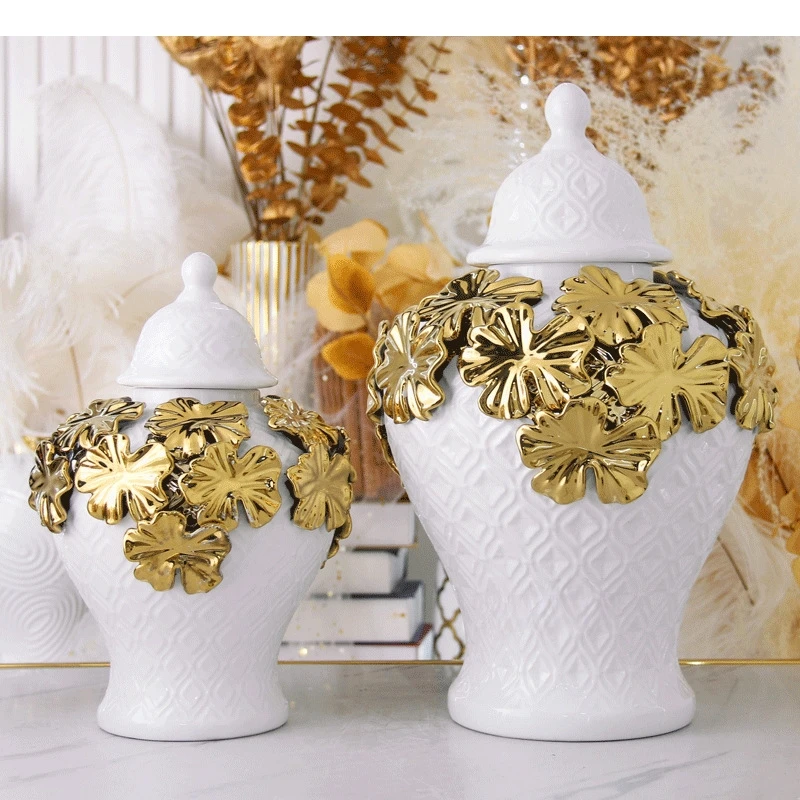 Ceramic Checkmate Jar Argyle Ginger Embossed Gold Petal Storage Flower Vase Home Decoration Accessories