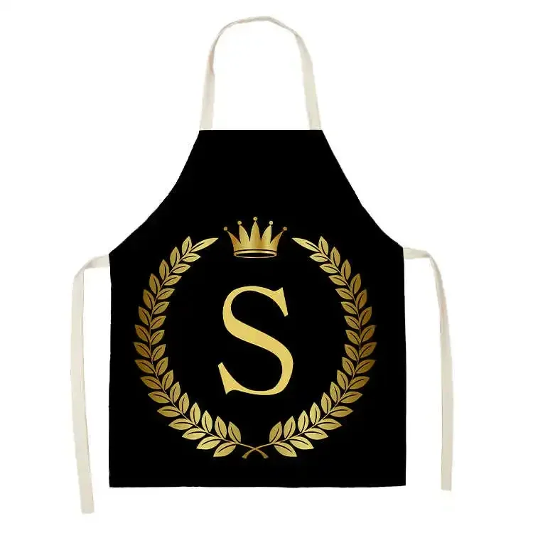 Black Golden Crown Letter Alphabet Print Kitchen Apron for Woman Man Cotton Linen Aprons for Cooking Home Cleaning Tools Tablier