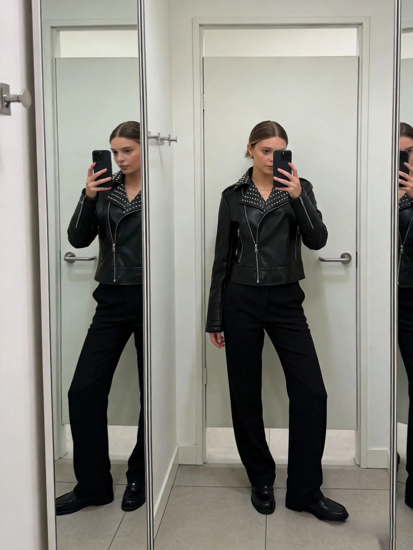 Women's leather jacket with rivets, motorcycle jacket, trendy and fashionable nail style short jacket,Windproof leather jacket