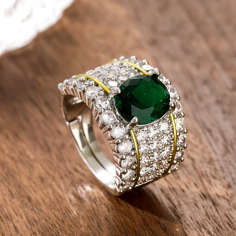 Classic Full Diamond Emeralds Ladies Ring Copper Encrusted Zircon Luxurious Temperament Trend Party Vintage