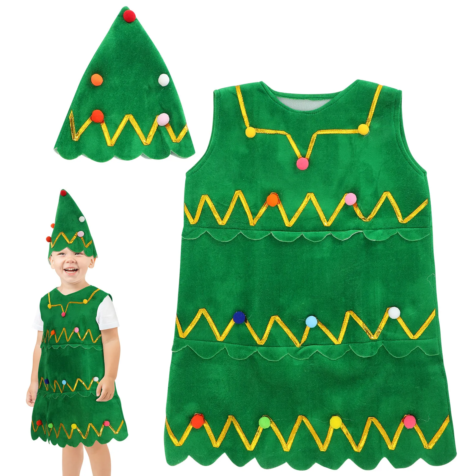 

Christmas Tree Costume Dress Hat Holiday Party Performance Outfit For Women Girls Festive Cosplay Suit Role Play
