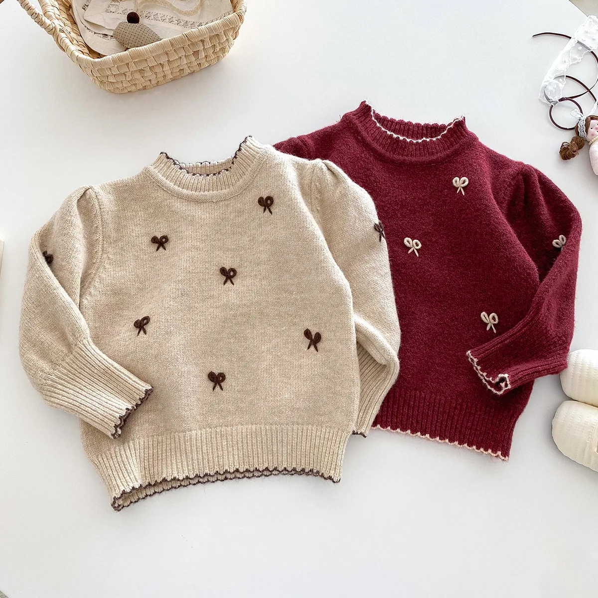 Winter 2024 Baby Girls Knitwears Cotton Knitted Knotbow Versatile Warm Infant Girls Pullovers Toddler Girls Princess Sweaters