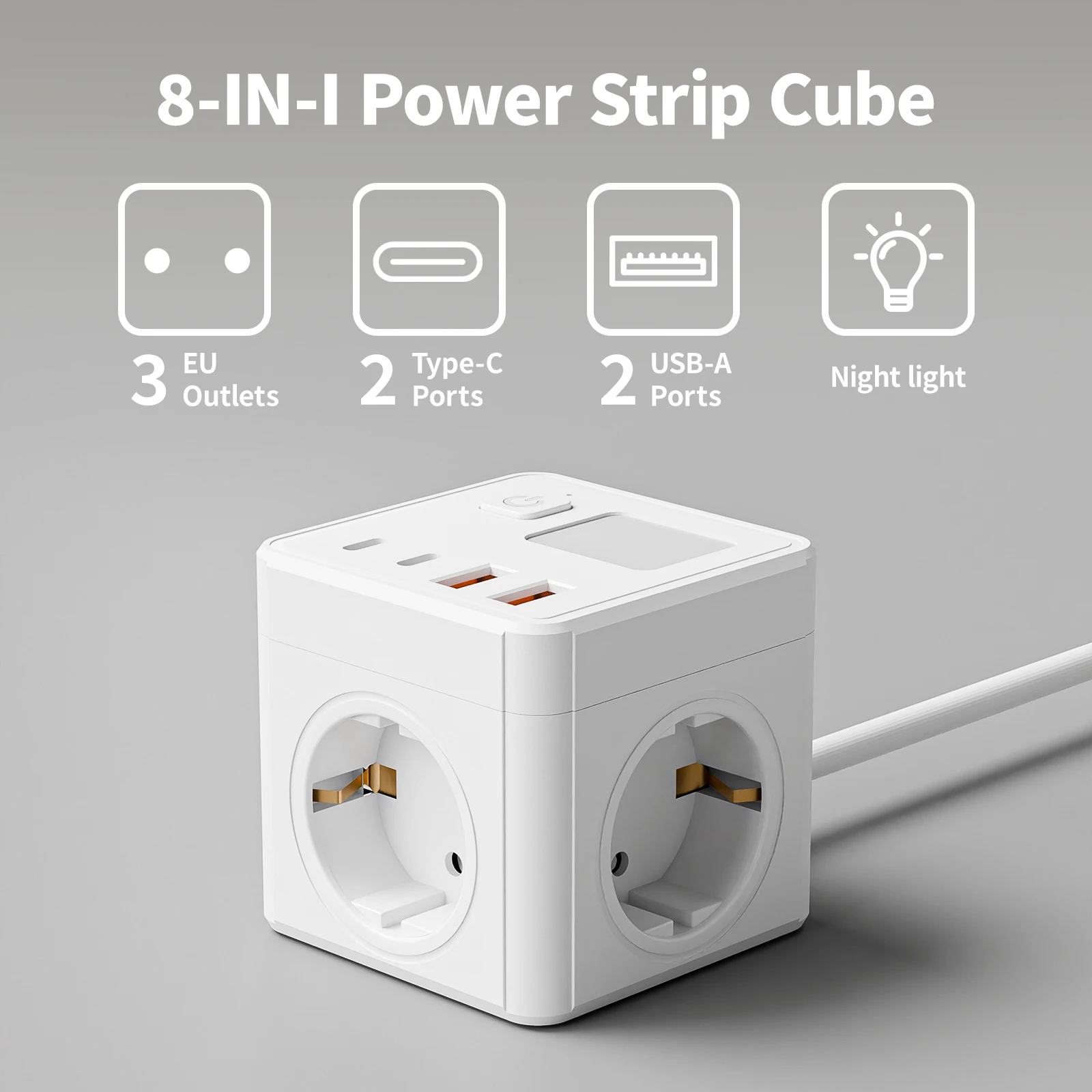 

1 розетка 8-в-1 в ЕС, с 1,5-метровым удлинителем, 3 розетками переменного тока, 2 USB, 2 Type-C и небольшим ночником с регулируемой яркостью