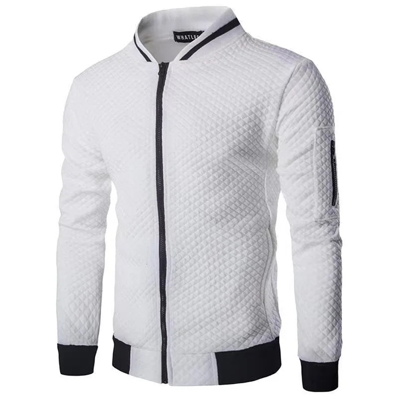 

2024 autumn/winter men's diamond grid contrasting long sleeved slim fit jacket casual zipper stand up collar sports top
