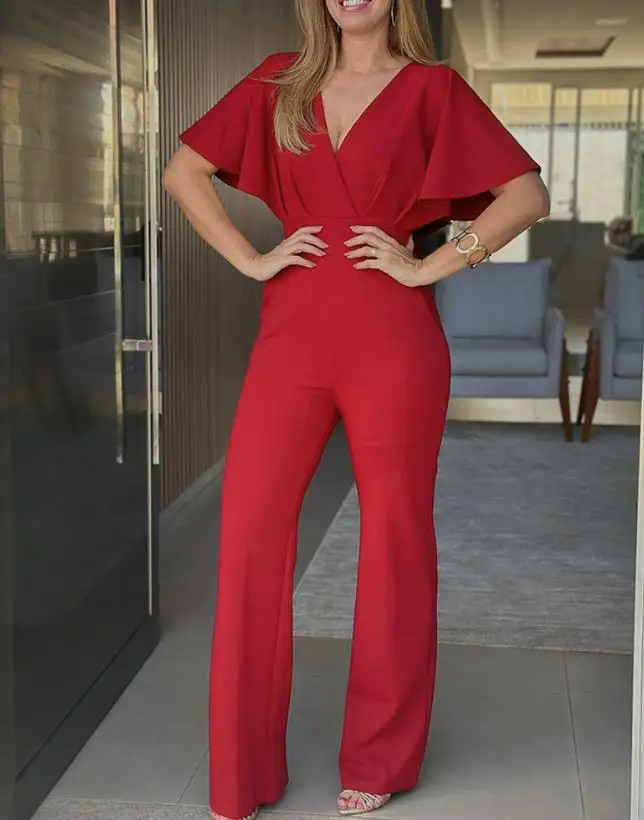 

Jumpsuit Women 2025 Summer New Flutter Sleeve V Neck Waist Flared Jumpsuit High Waist Casual Pocket Design Ruched Romper