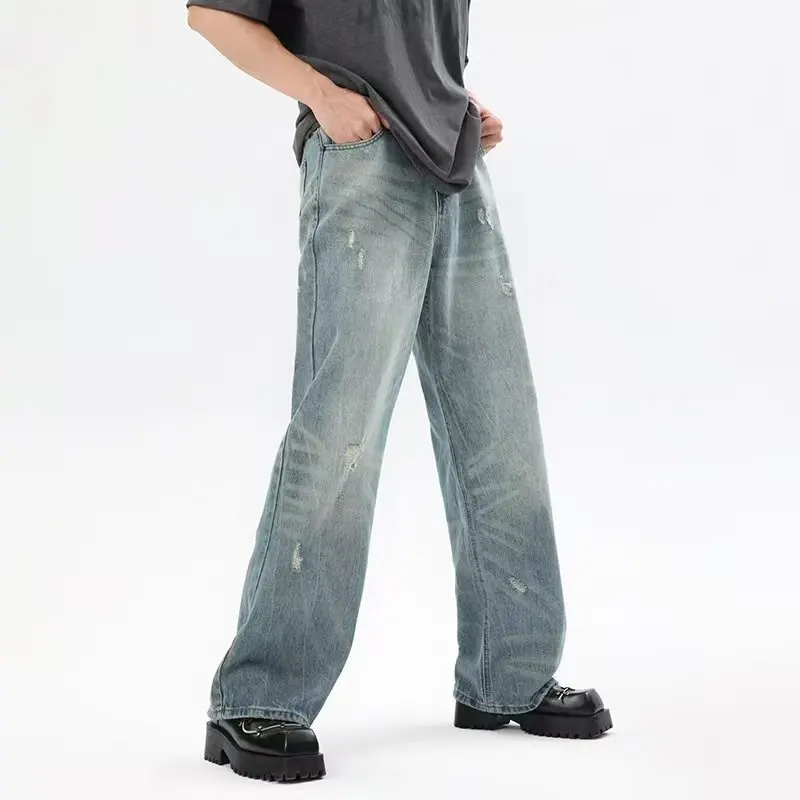 

2025 Autumn Winter New Vintage Distressed Fashion Men's Jeans Korean Style Loose Fit Personalized Letter Casual Pants
