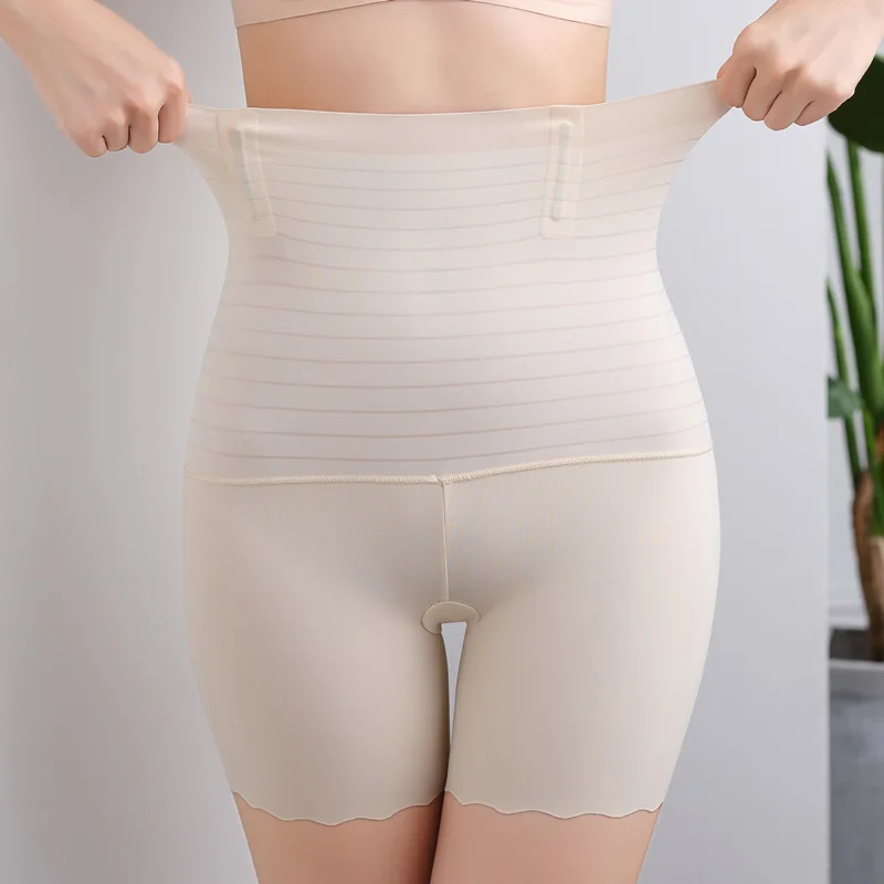 Ice Silk Boxer Tummy Pants Postpartum Non-marking High-waist Shapewear Pants Hip Tuck Pants Women\'s Lace Mid-rise Panties