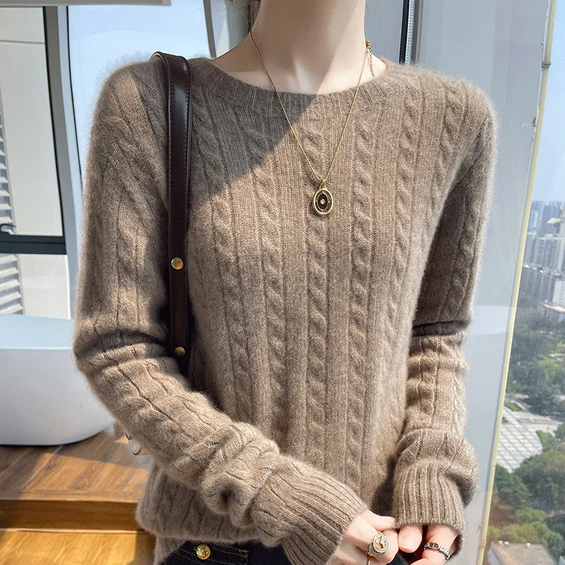 Autumn/winter new 100% Merino wool pullover cashmere sweater Women's round neck linen pattern warm bottom knit shirt top