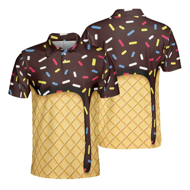 Polo de manga corta con estampado 3D de cono de helado para hombres y mujeres, ropa informal, divertida, Donut Sprinkles, Chocolate, botón