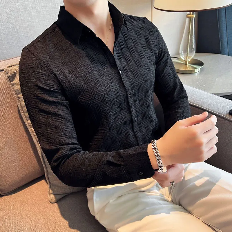 Korean Plaid Solid Color Shirts Spring Autumn Turn-down Collar Men's Clothing Single-breasted Stylish Jacquard Weave Slim Shirts