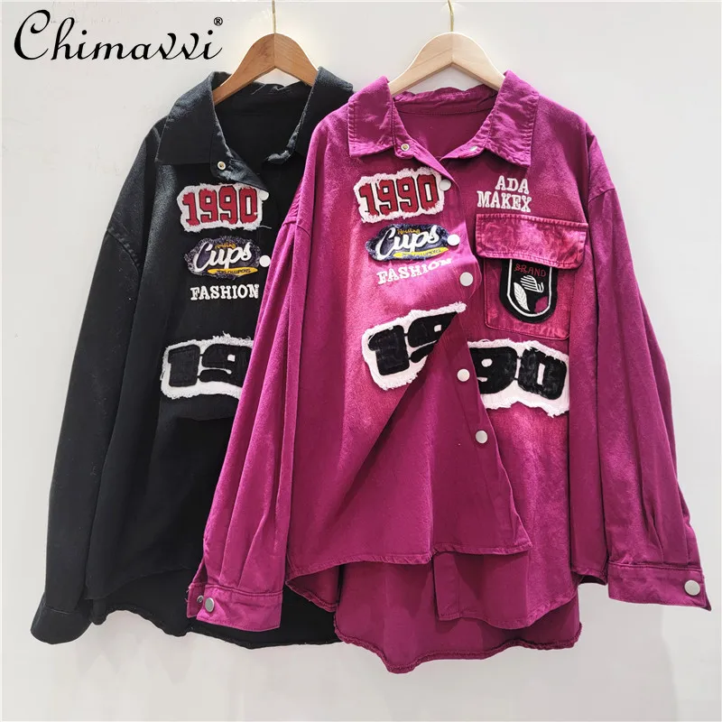 

Autumn Heavy Industry New Patch Embroidery Loose Casual Medium and Long Top Denim Long Sleeve Shirt Jacket Women
