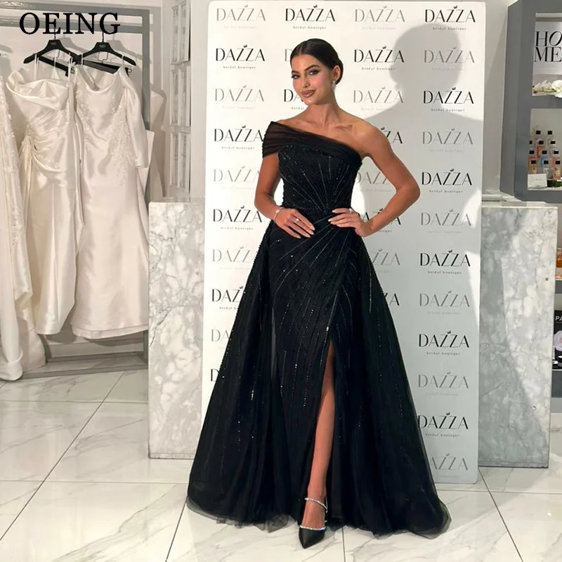 

OEING Elegant A-Line Prom Dresses Tulle Black One Shoulder Side Slit Beading Evening Dress vestidos de fiesta Customized