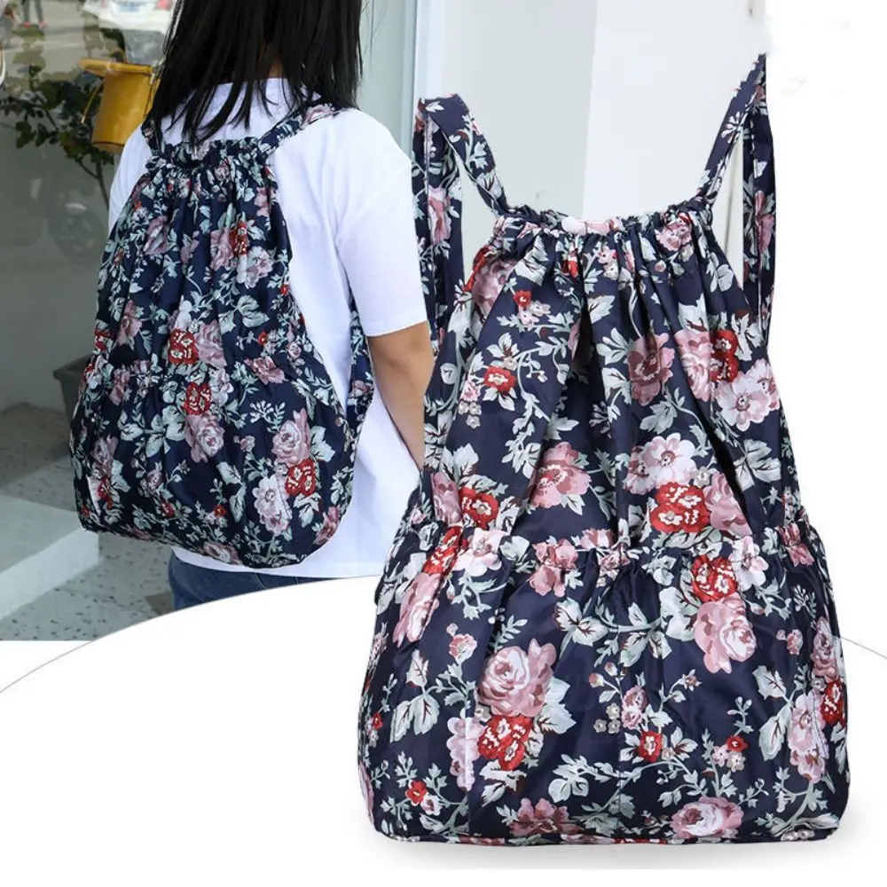 Borsa casual con coulisse stampata floreale Borsa per la spesa portatile in poliestere impermeabile Zaini sportivi di grande capacità da donna