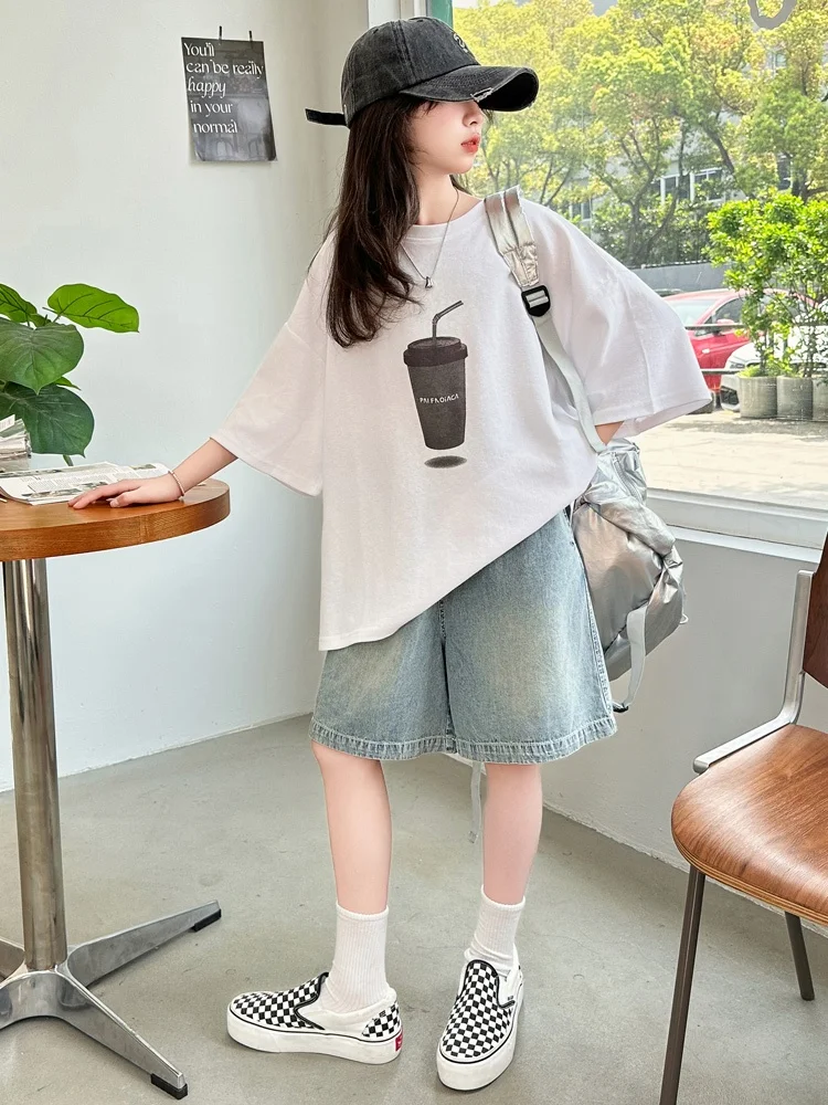 

Girls Summer ort Sve T-irt Set Korean Sle Cute Little Girl Jeans Mid-Length Pants Two-Piece Cotton Suit for Teens