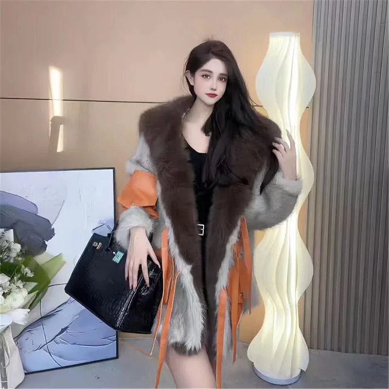 Faux Fur Coat for Women,Fox Fur Collar , Covered Button Jacket, Loose Thicken Warm Overcoat, Female Clothes,Spliced, Winter,New