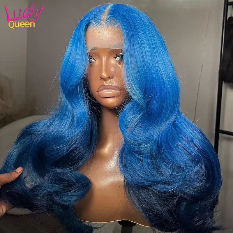 Perruque Lace Front Body Wave Bleu Foncé Ombré pour Femme, Cheveux Humains Pré-Plumés, Transparent, 13x6