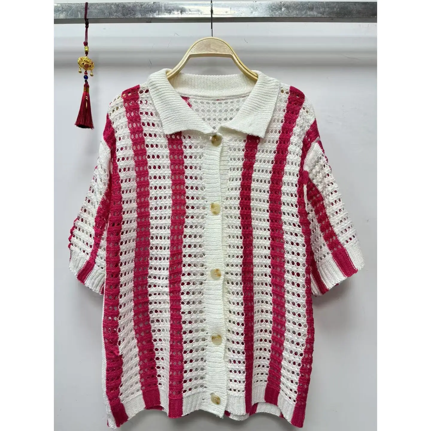 

2025 Spring Fall Lace Knit Cardigan Short Sleeve Striped Crochet Sweater Loose Fit Boho Chic Casual Color Block Y2K Top