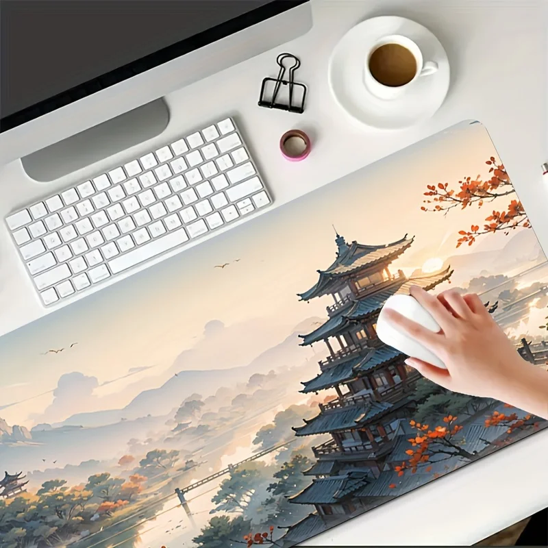 

Sunset Chinese Pavilion Landscape Printed Desk Pad Extra Large Soft Rubber Mouse Pad Elegant Aesthetic Mat Multi-Size Desk Mat