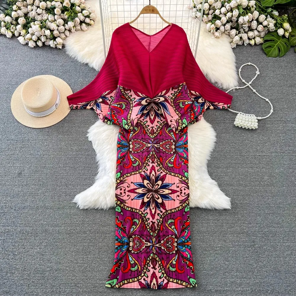 2023 New Miyake Pleated Spring Summer Women V Neck Batwing Sleeve Printed High Elastic Casual Loose Holiday Dresses