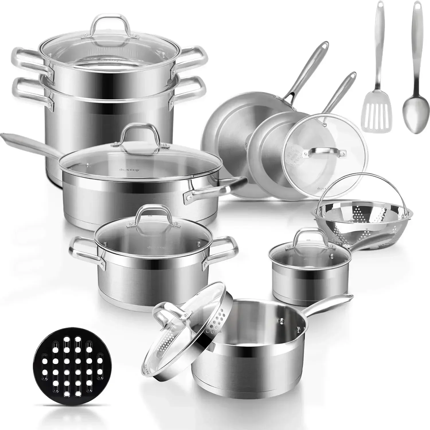 Professional Stainless Steel Pots and Pans Set, 18-Piece Induction Cookware Set, Saucepan with Pour Spout and Straine