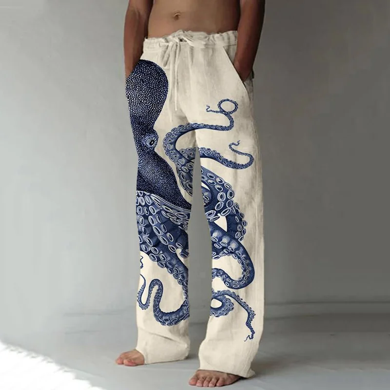 New Spring And Autumn Linen Wide Leg Pants Octopus 3D Trend Print Men\'s Large Size Loose Casual Straight Leg Pants Wide-leg Pant