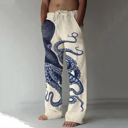 New Spring And Autumn Linen Wide Leg Pants Octopus 3D Trend Print Men's Large Size Loose Casual Straight Leg Pants Wide-leg Pant