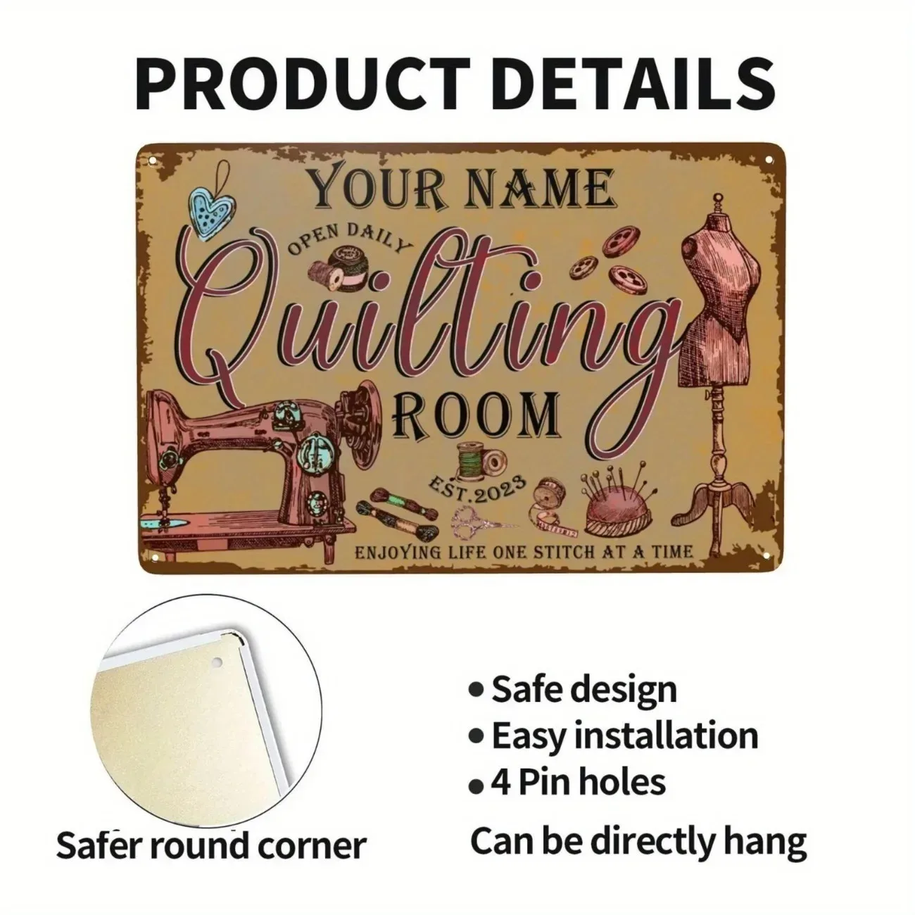 Customizable Vintage Quilting Room Metal Sign, Personalized Sewing Laundry Room Wall Plaque, Home Studio Decor (Decor Only)