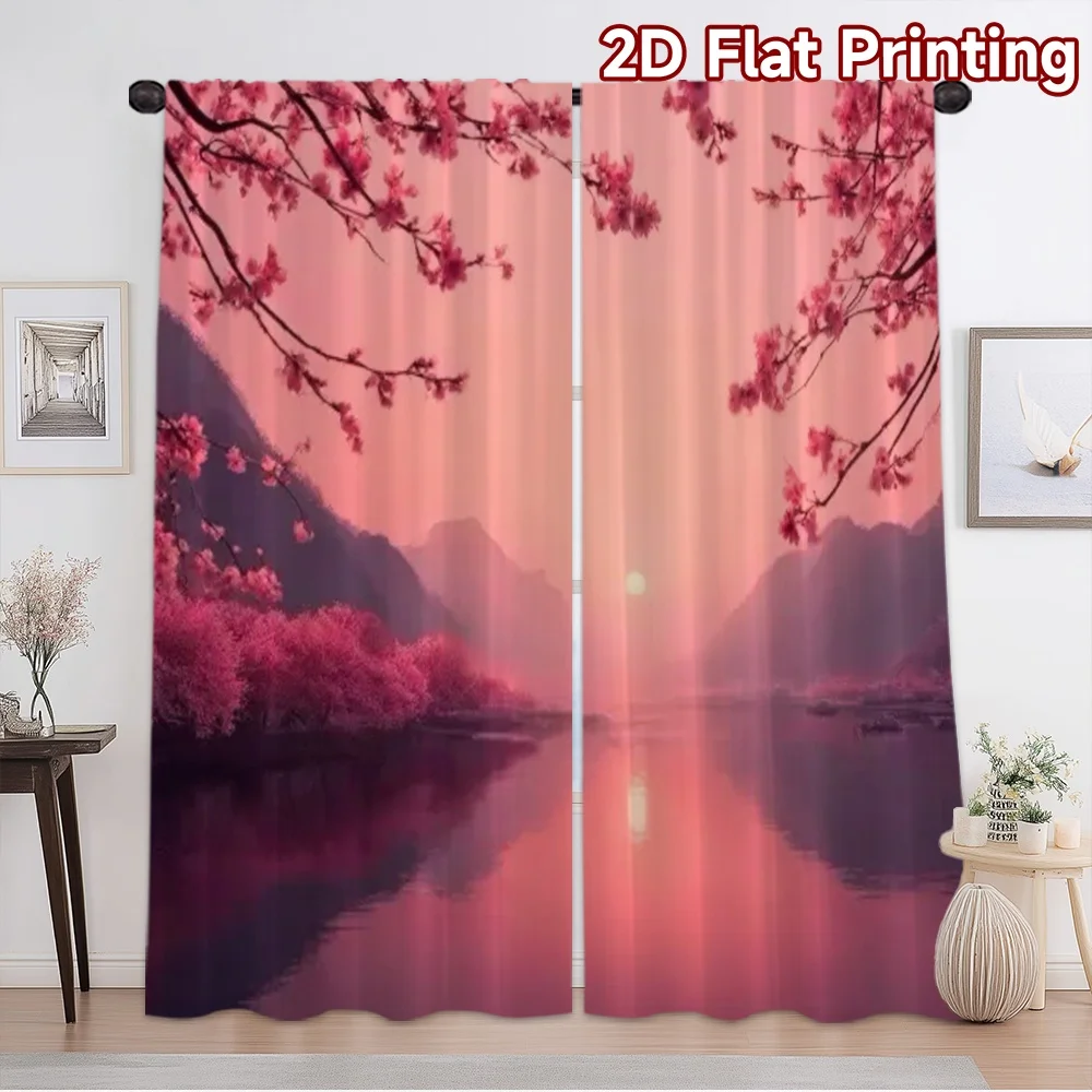 2D flat printing 2pcs Curtain Window Curtains Spring Blossom River Scene Digital Printed Polyester Drapes Family Party Use for