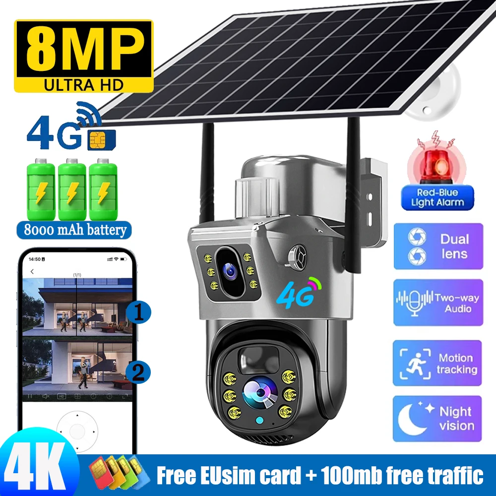 

Solar IP Camera With 4G Sim Card Dual Lens 4K 8MP Outdoor Security Protection Monitor PIR Human Detection Low Power Surveillance