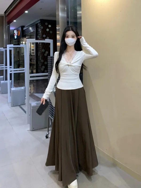 

plus Size Women's Knitted ort Skirt Set Pure Desire High Waist f Body Two Piece Set Korean Sle Slim Fit Long Sve