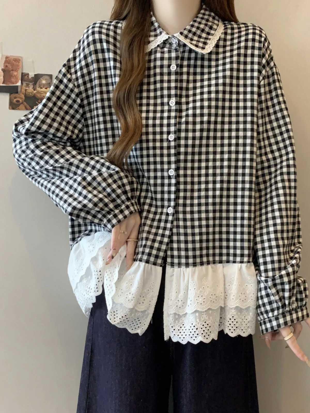 

Sweet Lace Splice Oversize Women's irt Spring Autumn Plaid Loose Slimming Korean Sle Long Sve Button up Cotton Blend