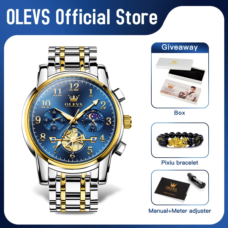 OLEVS brand2900 Men's Watches Stainless Steel Calendar Moon phase Watch Chronograph Big Dial Men's Wristwatches Original