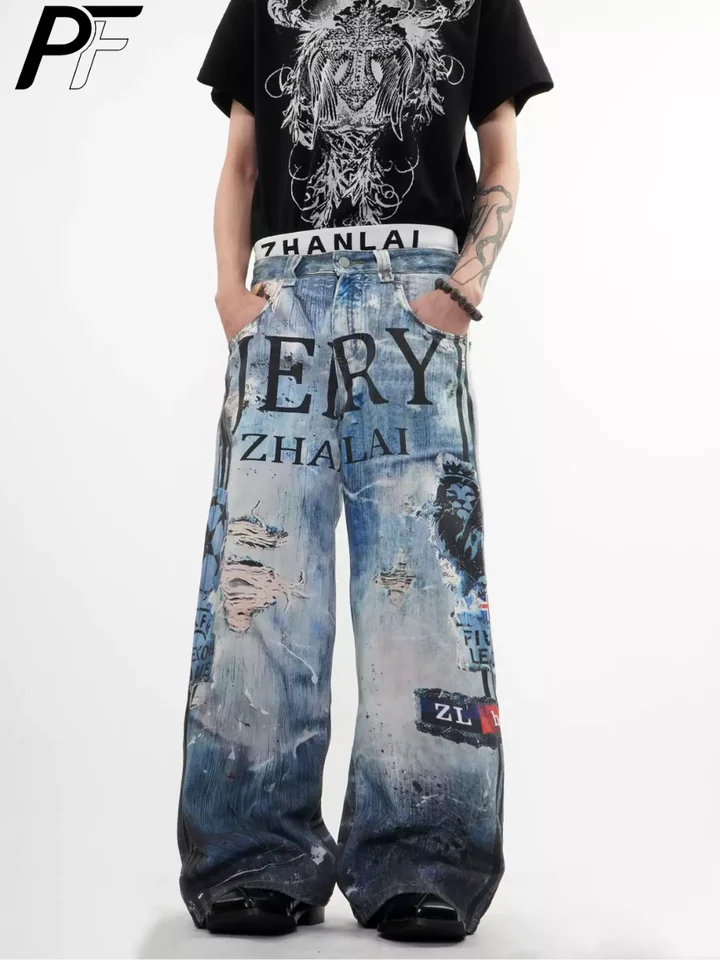 ZHANLAI Triple Waist Baggy Jeans 3D Printed Denim Pants Y2K