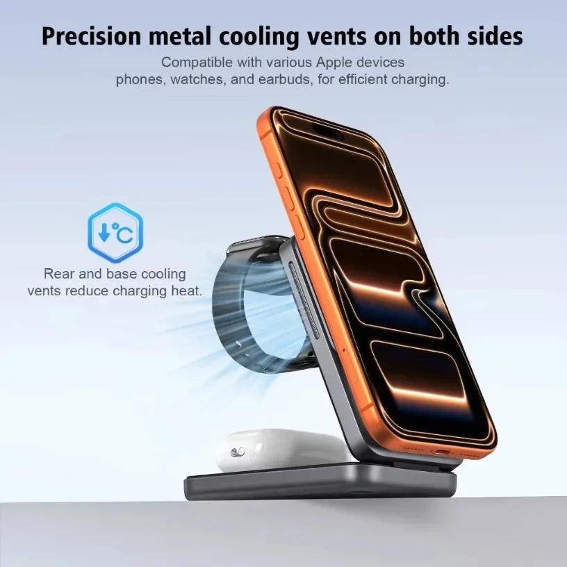 3 in 1 Magnetic Wireless Charging Station 25W Qi2.2 Foldable Night Light Safety Protection Charger Dock for Phone Watch Earbuds