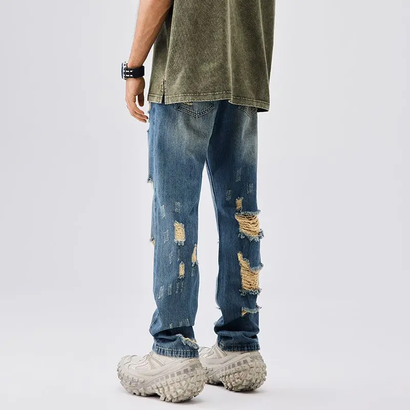 Summer American vintage distressed jeans men's trendy straight high street beggar pants ripped jeans for men  baggy jeans