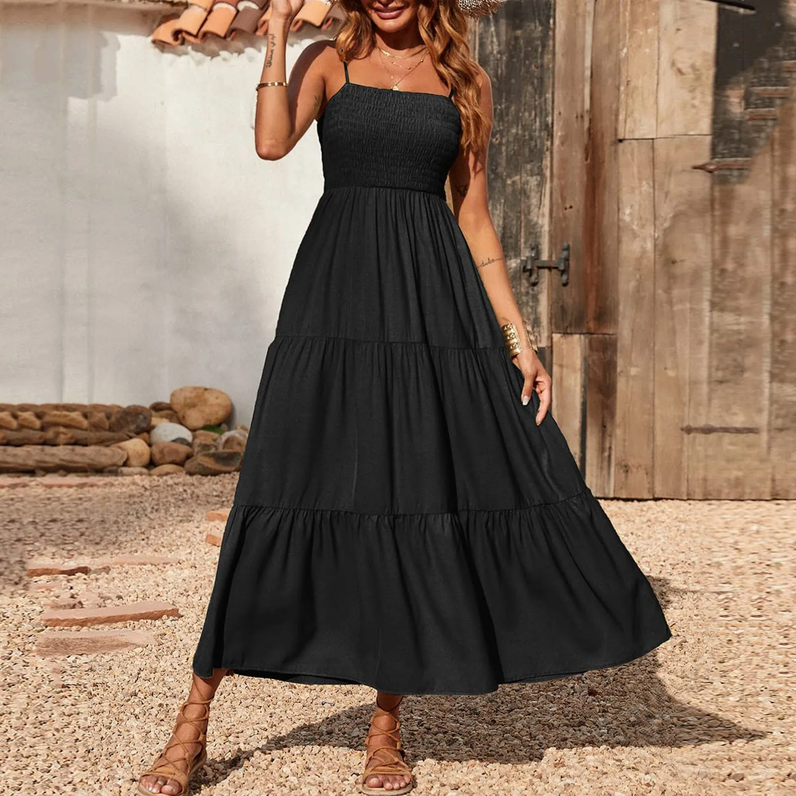 Vestido Maxi Sexy Feminino, Boho Sem Mangas, Camadas Smocked, Vestido Long Beach, Wrap Sundress, Casual Wrap, Verão