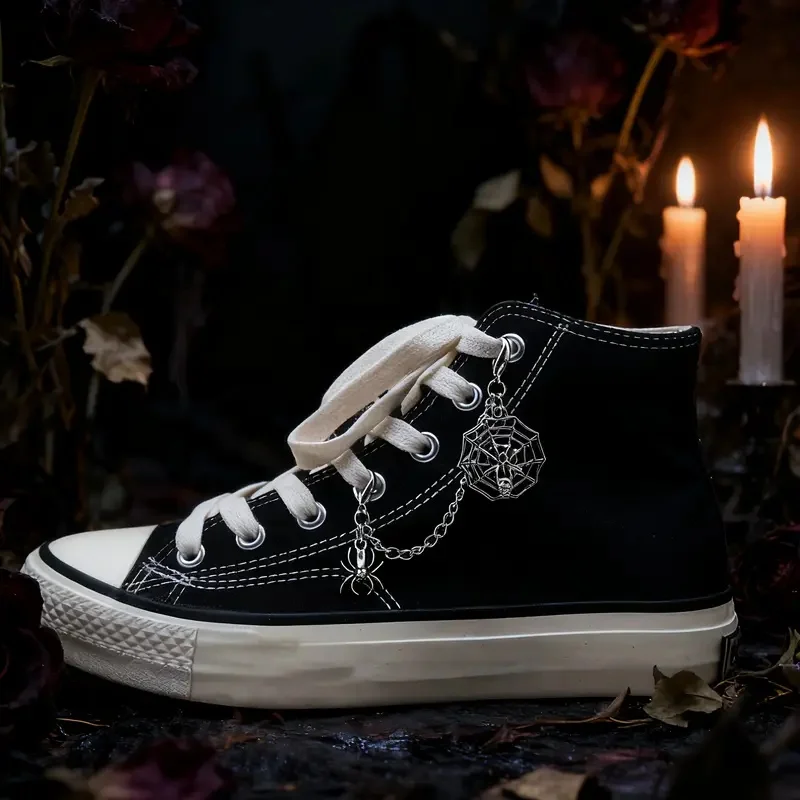 1pair/2pcs Gothic Halloween Shoelace Chain with Spider Web & Spider Accent – Punk Dark Style Shoe Decoration for Festivals