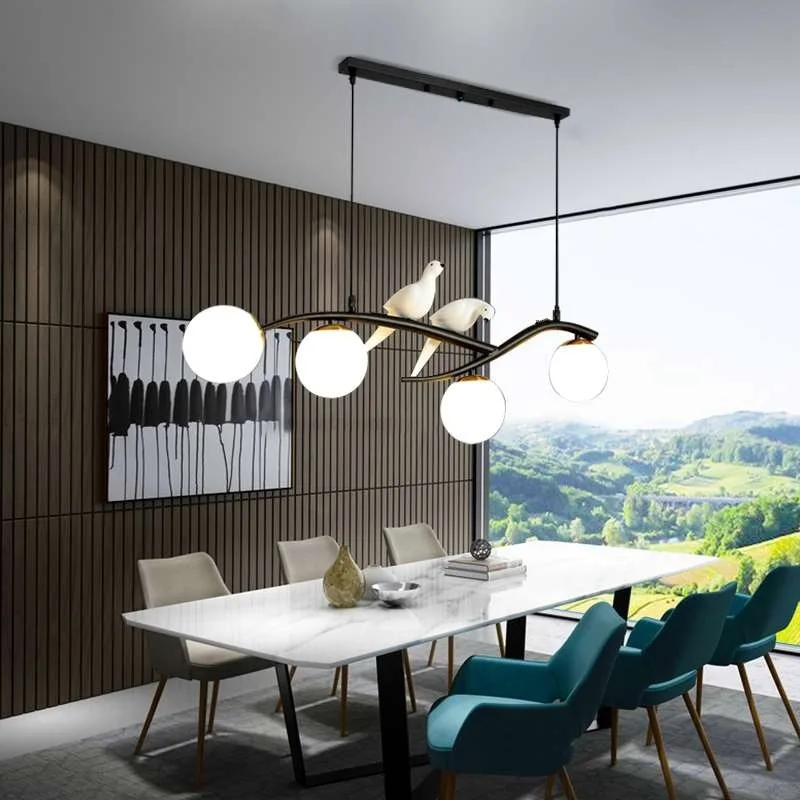 Nordic restaurant chandelier designer Led fashion bird art bar long glass three-color Zhongshan lamp