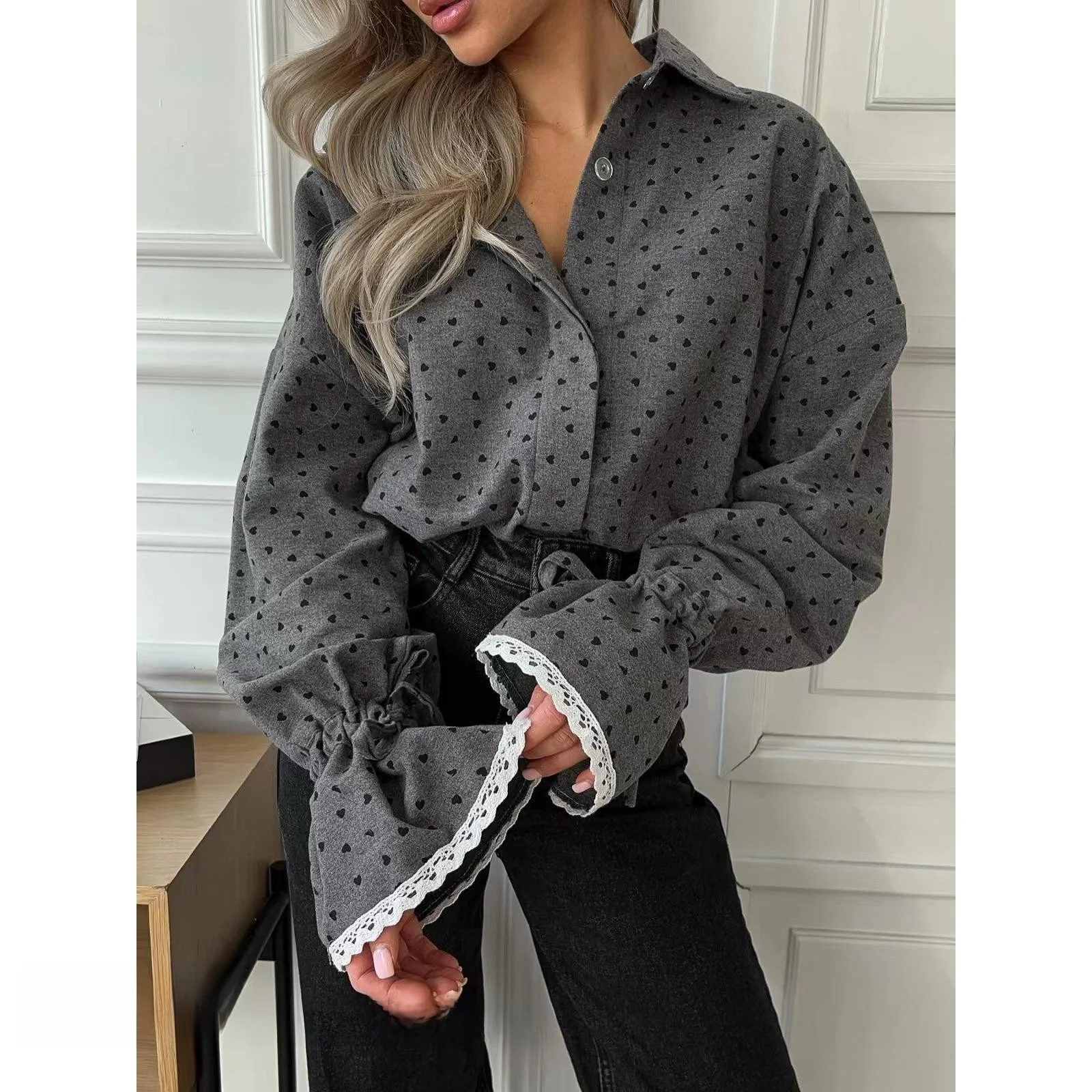 

Loose Fit Long Sleeve Shirt with Flip Collar Heart Design Women's Premium Fashion Regular Length Button Closure