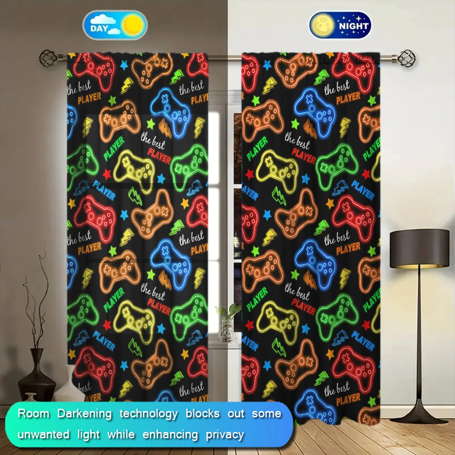 2pcs Neon GamePad Printed Curtain for Home Decor - Rod Pocket Window Treatment for Bedroom, Office,Kitchen,Living Room,and Study