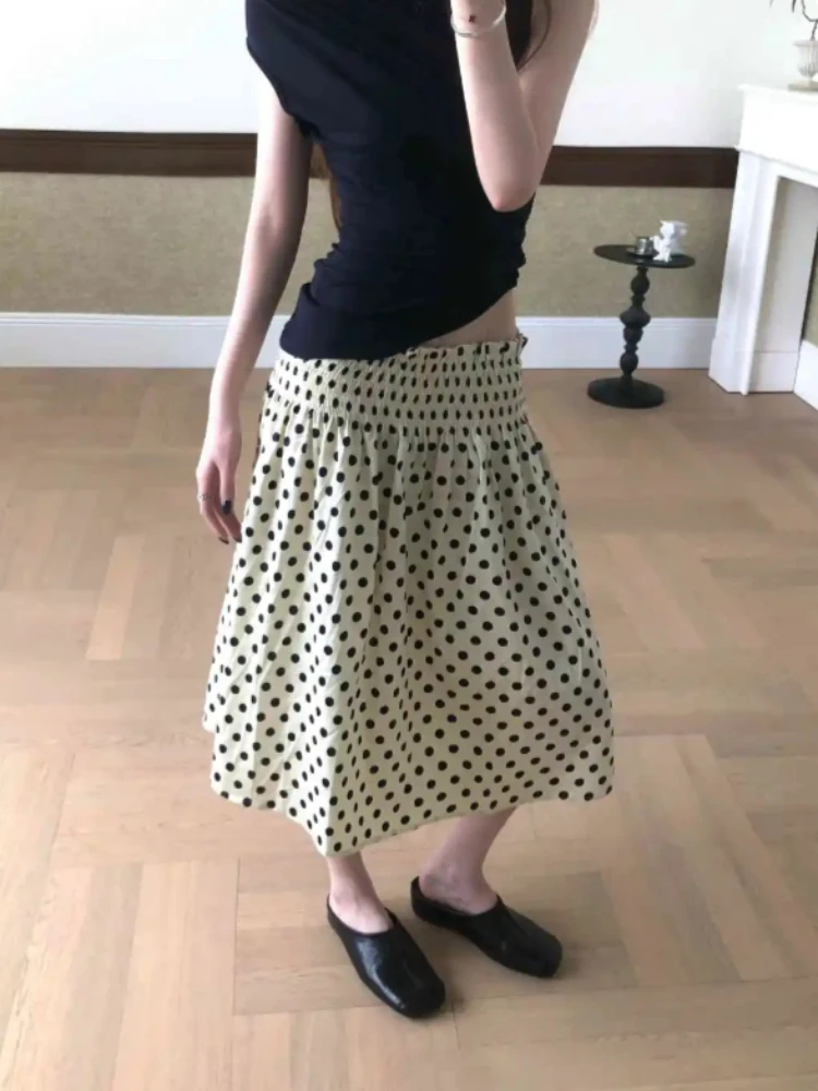 Cute Kawaii Polka Dot A Line Skirt Women High Waist Ruffle Ruched Loose Slim Fit Beige Black Midi Skirt Female Summer Daily Wear