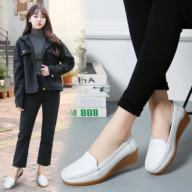 Genuine Cowhide Spring and Autumn Soft Bottom Mom Shoes Tendon Bottom Nurse Shoes Female Flat Loafers Female Pregnant Women's