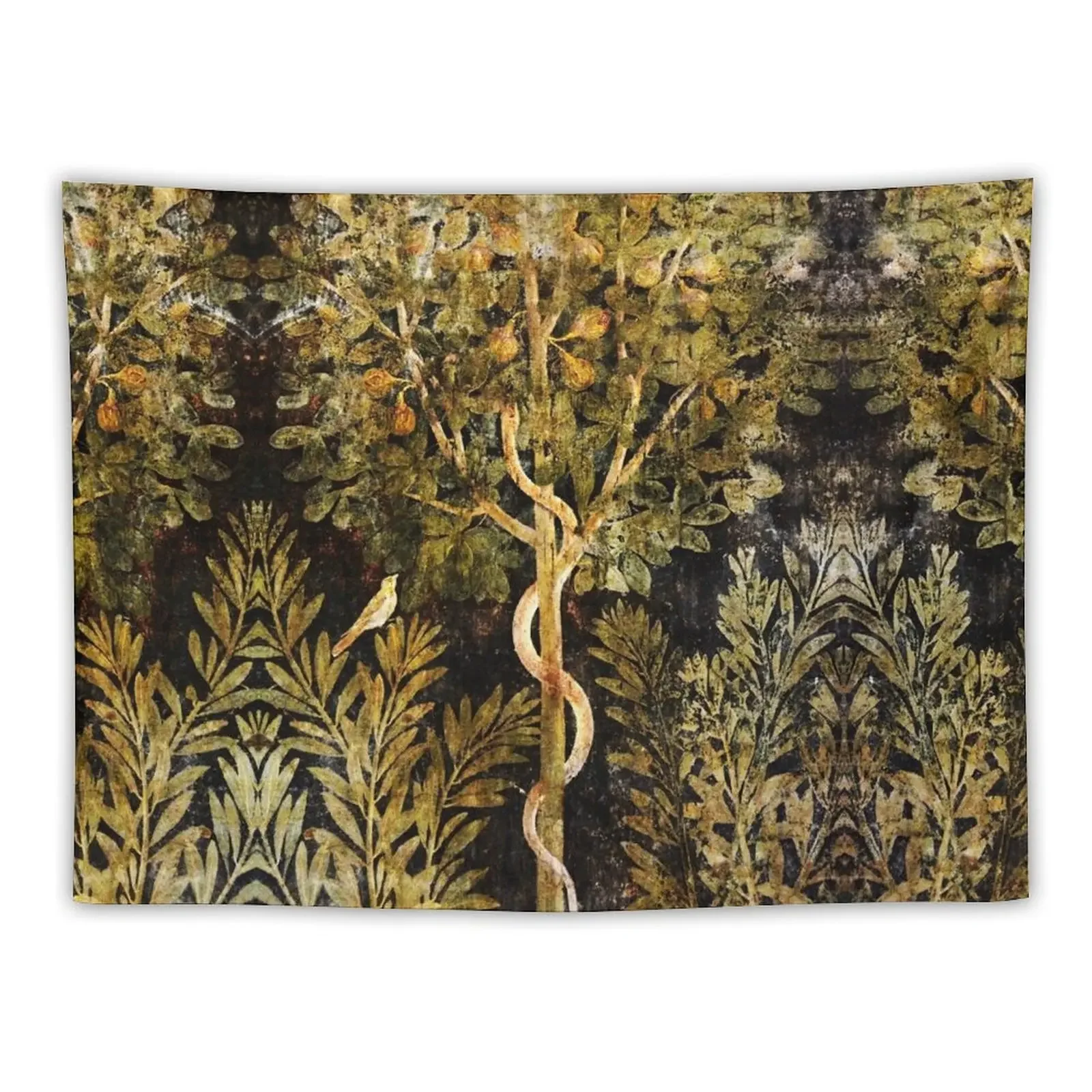 

ANTIQUE ROMANWALL PAINTINGS,SERPENT IN FIG TREE AND BIRD ,BLACK GREEN FLORAL Tapestry Wall Hanging Tapestry