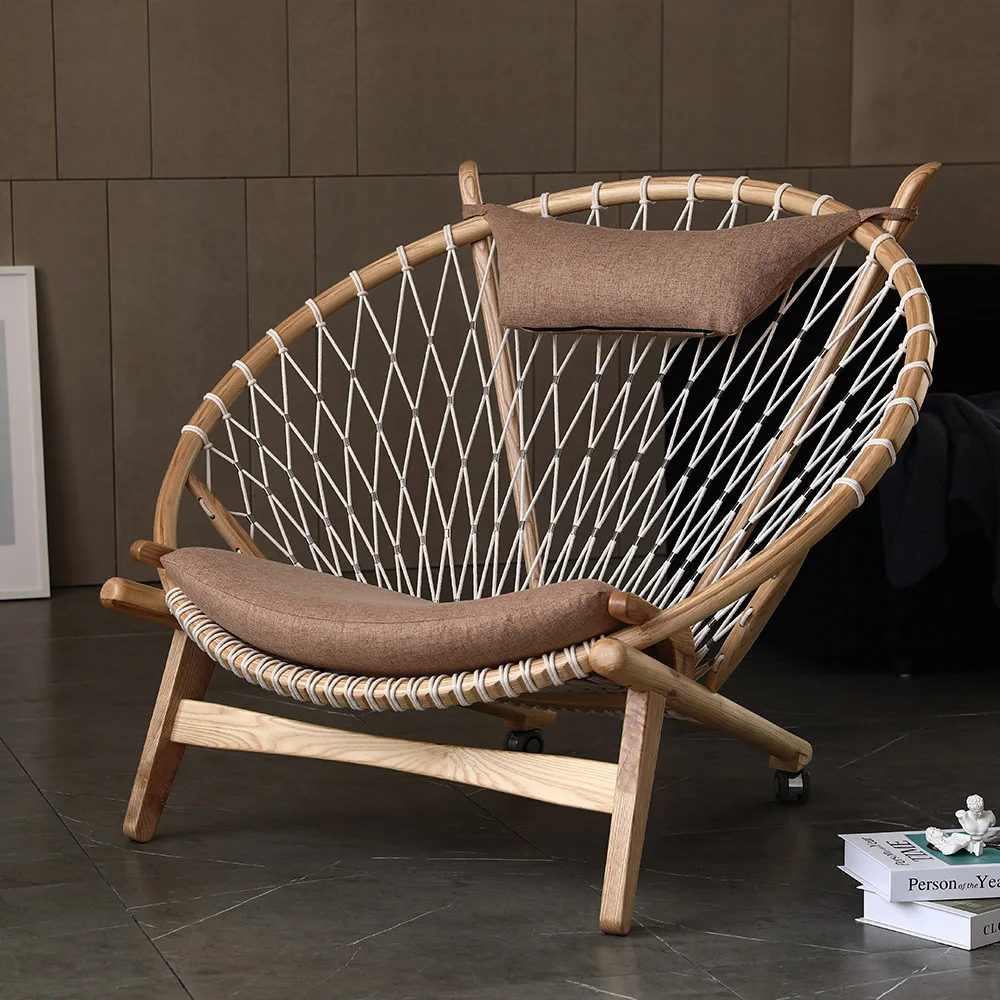 

Одиночное кресло для отдыха в форме круга для гостиной, современный простой диван-стул, кабинет, плетеное веревочное кресло из цельного дерева