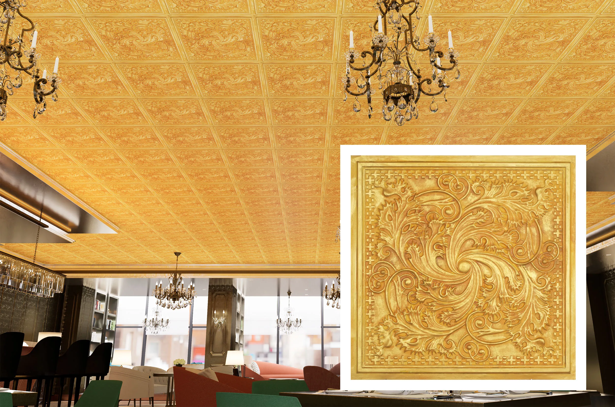 Faux Tin Painting Panel Artistic 3D Ceiling Tile Easy to Install PVC Panels PL62 Golden 10pcs