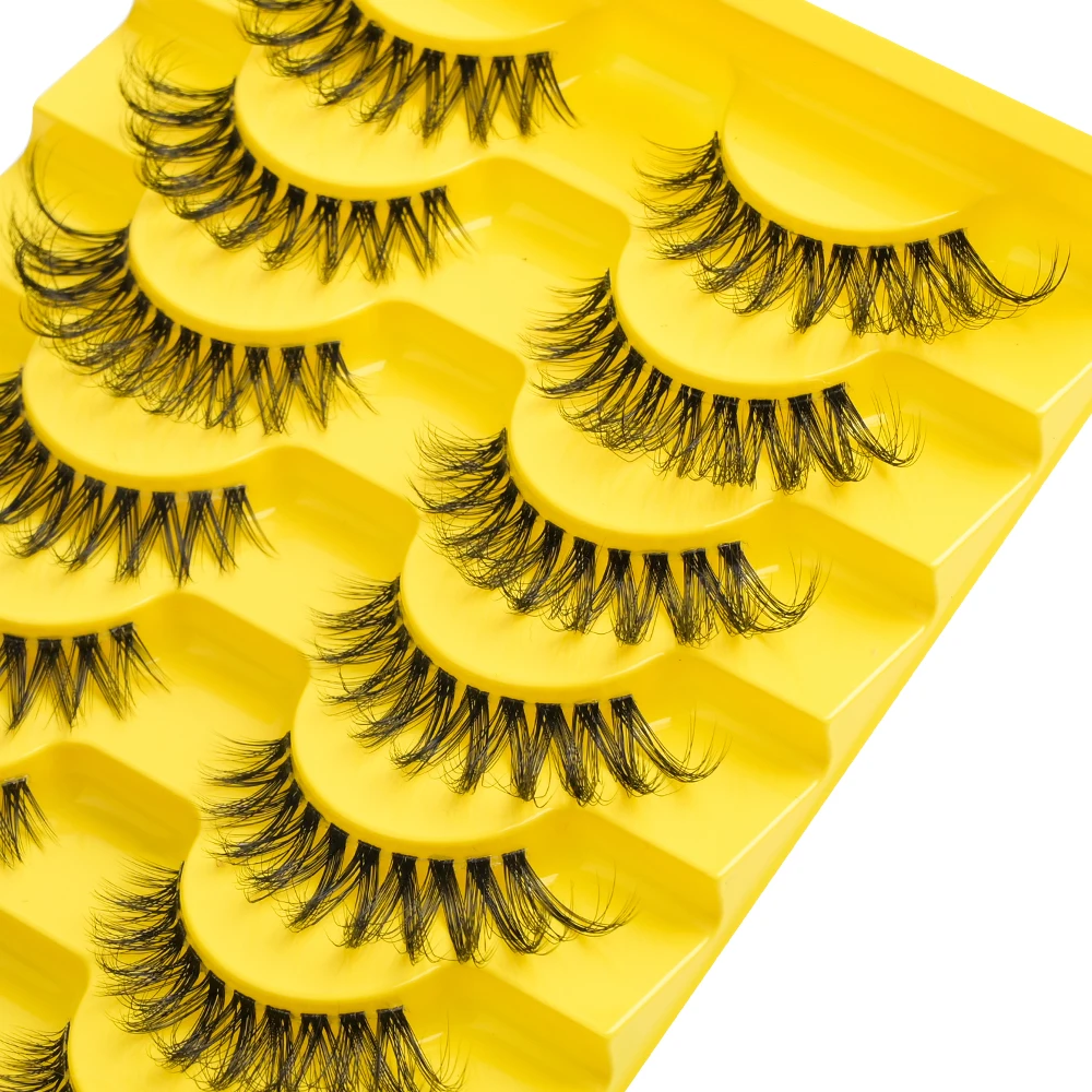 MJ 10 Pairs D Curl Natural Fluffy False Eyelashes Wispy 3D Volume Strip Lashes Fake Eyelashes with Clear Band Eyelash Extension