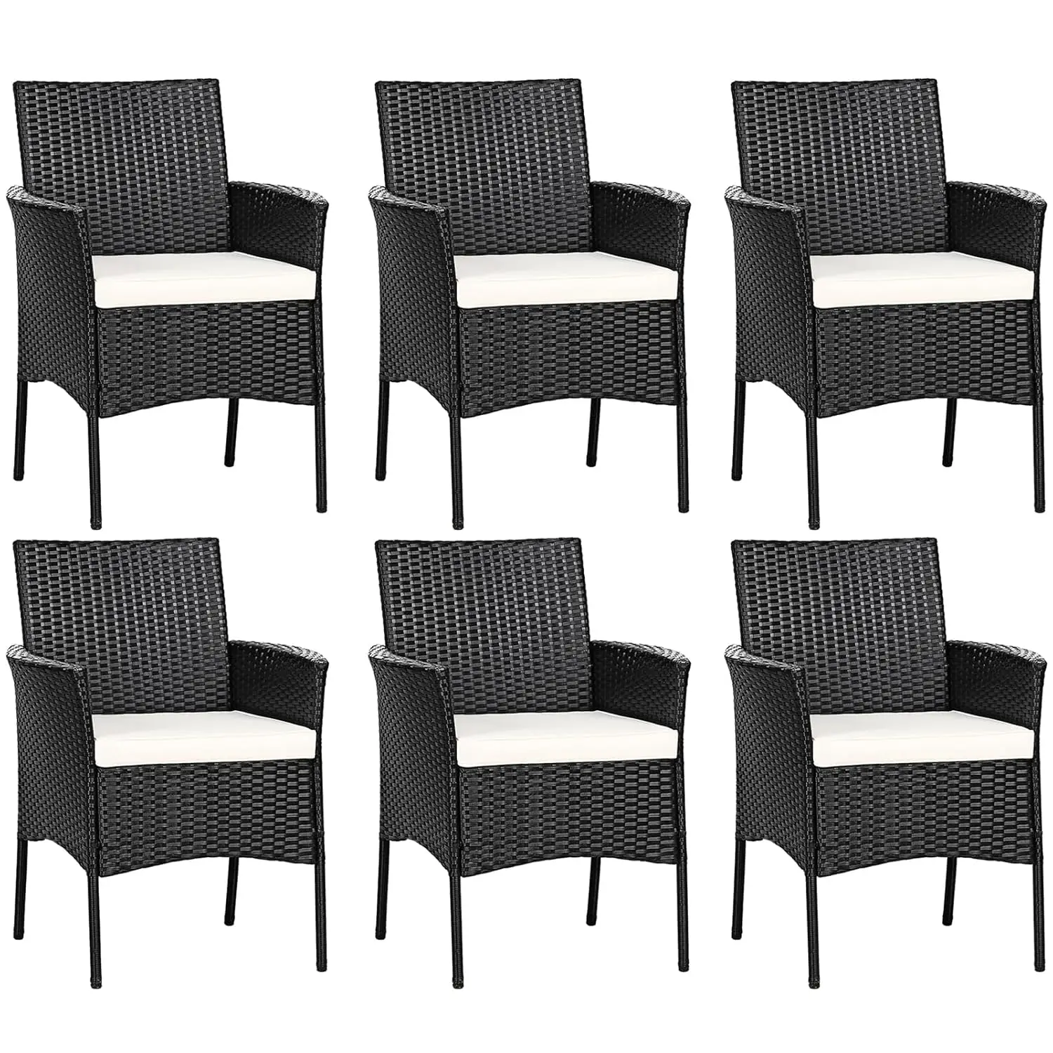 PE Rattan Dining Chairs 6 Pack w/Cane Back & Cushions, Indoor Outdoor Bistro Porch Armchairs 360LBS, Black Beige, Customized