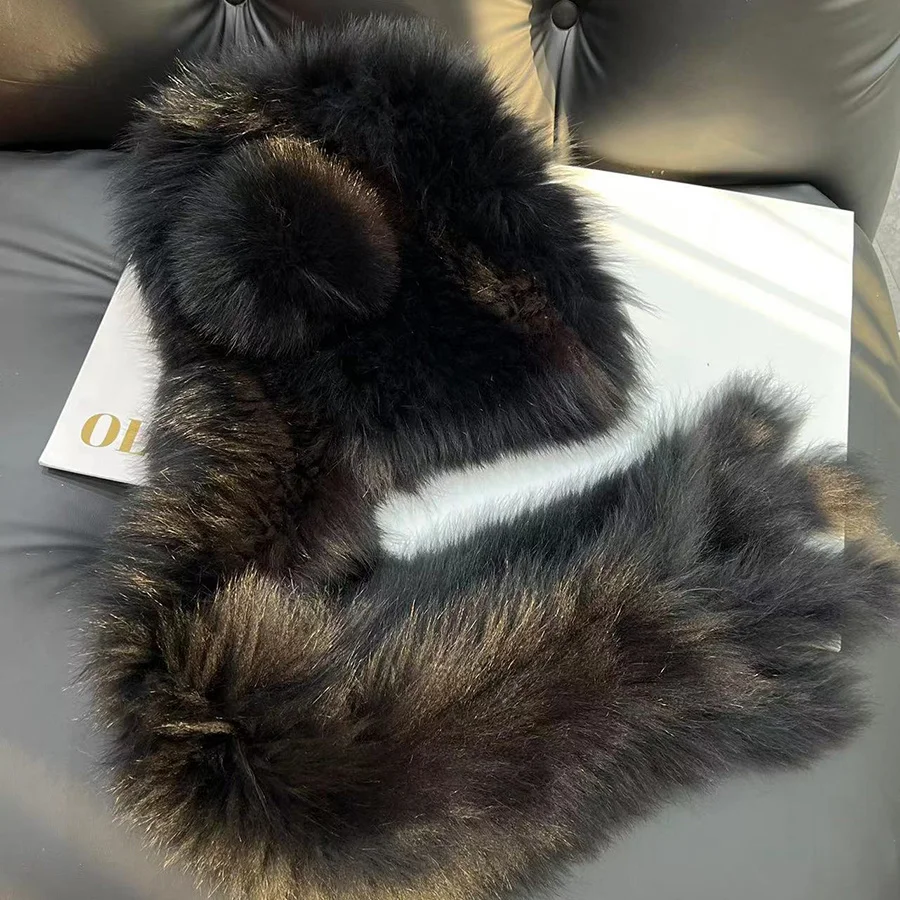Fox Fur Hat Scarf Winter Real Fur Hat Warm Earprotect Cap Fluffy